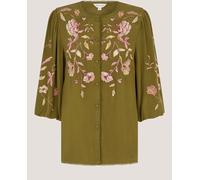 Monsoon Monsoon Khaki Amelie Floral Embroidered Button Down Blouse with Cropped Sleeves