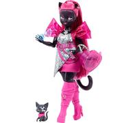 Monster High Catty Noir Poupée avec chat de compagnie Amulette et accessoires, dont un sac à dos, une partition, un micro et plus encore, HXH76