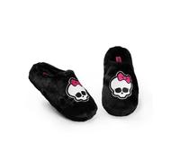 Monster High Chaussons mules noirs et moelleux pour femme | Motif tête de mort avec nœud | Chaussures de détente et d'intérieur élégantes | Chaussons d'intérieur confortables
