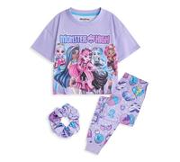 Monster High Ensemble Pyjama 3 pièces High Girls | Bas de Jambe Long et Haut de Nuit Violets imprimés sur Toute la Surface pour Enfants avec Chouchou à Pompon | Pyjama à Manches Courtes pour Enfants