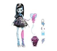 Monster High Poupée Frankie Stein Anniversaire Monstrueusement Mémorable avec robe de fête noire et accessoires à thèmes dont un ballon, un cadeau et un rouge à lèvres, JBG75
