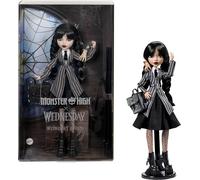Monster High Mercredi Addams en Uniforme Poupée à Collectionner dans l’Uniforme de l’Académie Nevermore avec La Chose et Un Sac à Dos, Socle pour poupée, HXJ04