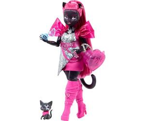 Monster High Poupée Catty Noir | Chat-garou en robe rose avec le chat Amulette et accessoires: sac à dos, livre de musique, micro et plus, HXH76
