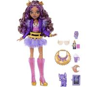 Monster High Poupée Clawdeen Wolf avec Veste Moto Violette et Jupe en Fourrure, accompagnée d’Un louveteau nommé Crescent et de 7 Accessoires comme Un Livre, Un Croissant et Un Sac à Main, JHK30