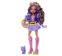 Monster High Poupée Clawdeen Wolf avec Veste Moto Violette et Jupe en Fourrure, accompagnée d’Un louveteau nommé Crescent et de 7 Accessoires comme Un Livre, Un Croissant et Un Sac à Main, JHK30
