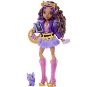 Monster High Poupée Clawdeen Wolf avec Veste Moto Violette et Jupe en Fourrure, accompagnée d’Un louveteau nommé Crescent et de 7 Accessoires comme Un Livre, Un Croissant et Un Sac à Main, JHK30