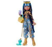 Monster High Poupée Cleo de Nile avec haut court et pantalon cargo en denim doré,accompagnée de son serpent de compagnie Hissette,et 7 accessoires comme de la salade,un smoothie et un sac à main,JHK32
