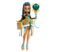 Monster High Poupée Cleo De Nile Monstrueux Anniversaire en robe de soirée dorée avec des accessoires thématiques tels qu’une invitation, un ballon, un cadeau, un rouge à lèvres et bien d’autres,JBG76