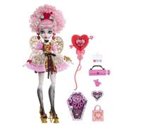 Monster High Poupée Cupid Asteria Monstrueux Anniversaire en robe de soirée rose et rouge avec des accessoires thématiques tels qu’une invitation, un ballon, un cadeau et bien d’autres, JBG77