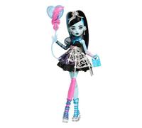 Monster High Poupée Frankie Stein Anniversaire Monstrueusement Mémorable avec robe de fête noire et accessoires à thèmes dont un ballon, un cadeau et un rouge à lèvres, JBG75