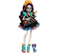 Monster High Poupée Skelita Calaveras avec robe colorée en papel picado avec chien de compagnie Candelita et 7 accessoires comme un carnet de croquis, une collation et une besace, JHK34
