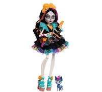 Monster High Poupée Skelita Calaveras avec robe colorée en papel picado avec chien de compagnie Candelita et 7 accessoires comme un carnet de croquis, une collation et une besace, JHK34