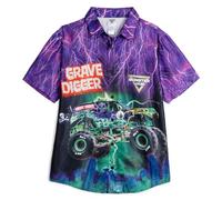 Monster Jam Chemise hawaïenne boutonnée assortie pour enfant et adulte, violet/vert, Taille L