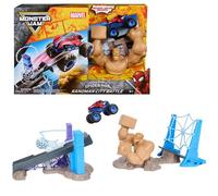 Monster Jam Coffret De Jeu Spiderman Sandman City Battle, Jouets Monster Truck À L'échelle 1:64 Avec Lanceur À Fronde, Jouets Pour Enfants De 3 Ans Et Plus