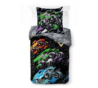 Monster Jam Parure de Lit Housse de Couette et Taie d'Oreiller, Multicolore | 137x200/80x80 cm, 2 pièces, Produit officiel, 100% coton, réversible, respirant, fermeture à boutons, chambre, lavable