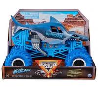 Monster Jam Serie 18 - Megalodon, Echelle 1/24, Bleu - Camion Truck Geant Requin - Show, Cascades - Set Vehicule Et Carte