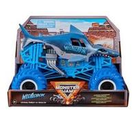 pour Monster Jam Serie 18 - Megalodon, echelle 1/24, Bleu - Camion Truck geant Requin - Show, Cascades - Set vehicule et Carte