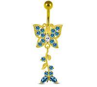 Monster Piercing 3 microns 18K plaqué d’Or Jaune Papillon lumière Pierre CZ Bleue avec des Feuilles Pendantes Sterling Silver Ventre Barres Piercing
