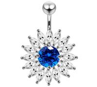 Monster Piercing Centre Pierre CZ Rond Bleu Fonc? avec Clout?s Sun Flower Design 925 Argent Sterling Ventre Barre Piercing