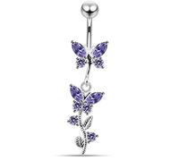 Monster Piercing Lavande Cristal Pierre Trendy Twin Papillon Design Sterling Silver Bar de Ventre Piercing