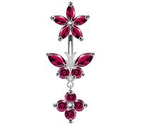 Monster Piercing Papillon de Pierre CZ Rouge avec Fleurs Pendantes 925 Argent Sterling Double c?t? Ventre Barre Piercing