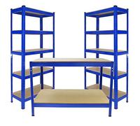 Monster Racking 2 x Rayonnage T-Rax 90 x 30 x 180 cm Bleu & Etabli de Travail Q-Rax Bleu 120 x 60 x 90 cm Acier Garage Organisation Atelier Rangement Solide [Maillet GRATUIT] 100% sans Boulons