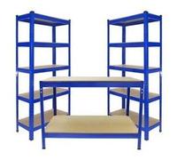 Monster Racking 2 x Rayonnage T-Rax 90 x 30 x 180 cm Bleu & Etabli de Travail Q-Rax Bleu 120 x 60 x 90 cm Acier Garage Organisation Atelier Rangement Solide [Maillet GRATUIT] 100% sans Boulons
