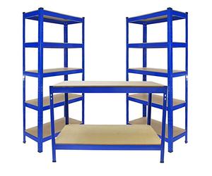Monster Racking 2 x Rayonnage T-Rax 90 x 30 x 180 cm Bleu & Etabli de Travail Q-Rax Bleu 120 x 60 x 90 cm Acier Garage Organisation Atelier Rangement Solide [Maillet GRATUIT] 100% sans Boulons