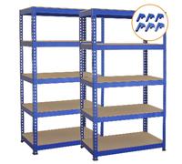 Monster Racking: Lot 2 Rayonnages bleus 5 niveaux 75x150x30 cm, acier robuste, MDF 6,2 mm, 150 kg par étagère, montage sans boulons