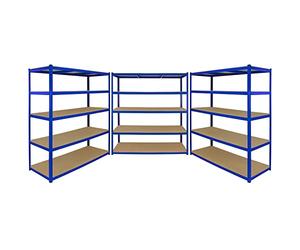Monster Racking T-Rax 3 x Rayonnage, Bleu Acier Inoxydable MDF 160cm x 60cm x 180 cm - Hauteur Ajustable - 265 Kg par Etagère Rangement Garage Atelier Bricolage [Maillet Inclus] 100% sans boulons