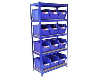 Monster Racking T-Rax Étagère Bleu 90cm avec 12 x Poubelle à Choix Rapide Entrepôt Garage sans Boulons Système d'Étagère