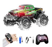 Monster truck télécommandé amphibien 2,4 GHz double commande avec horloge et contrôleur, voiture RC rotative à 360° avec lumières LED, vert