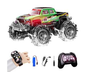 Monster truck télécommandé amphibien 2,4 GHz double commande avec horloge et contrôleur, voiture RC rotative à 360° avec lumières LED, vert