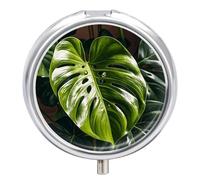 Monstera Deliciosa Pilulier de voyage à 3 compartiments 3 fois par jour - Joli mini pilulier pour sac à main et poche - Boîte à médicaments portable en métal avec miroir - Récipient rond pour