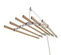 Etendoir à Linge Suspendu de 2.4 Mètre 6 Lattes en Pin Vernissés Supports en Fonte et Poulie Blancs