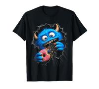Monstre Bleu Poilu Gourmand de Donut, Illusion 3D déchirée T-Shirt