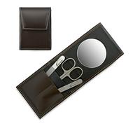 Mont Bleu Kit de Manucure 3 pièces avec miroir et lime à ongle en verre et étui en cuir umber brown - Ciseaux Italiens - Lime à Ongle en Verre Tchèque - Étui Allemand