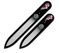 Mont Bleu Lot de 2 limes à ongles en verre, décorée à la main d’éléments Swarovski, pochette en velours noir - Véritable verre trempé tchèque - Lime à ongles fait main en cristal