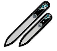 Mont Bleu Lot de 2 limes à ongles en verre, décorée à la main d’éléments Swarovski, pochette en velours noir - Véritable verre trempé tchèque - Lime à ongles fait main en cristal