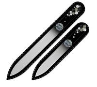 Mont Bleu Lot de 2 limes à ongles en verre, décorée à la main d’éléments Swarovski, pochette en velours noir | Véritable verre trempé tchèque, garantie à vie, Lime à ongles fait main en cristal