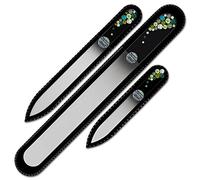 Mont Bleu Lot de 3 limes à ongles en verre, décorée à la main d’éléments Swarovski, pochette en velours noir | Véritable verre trempé tchèque, garantie à vie, Lime à ongles fait main en cristal