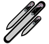 Mont Bleu Lot de 3 limes à ongles en verre, décorée à la main d’éléments Swarovski, pochette en velours noir | Véritable verre trempé tchèque, garantie à vie, Lime à ongles fait main en cristal