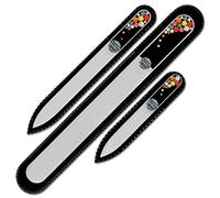 Mont Bleu Lot de 3 limes à ongles en verre, décorée à la main d’éléments Swarovski, pochette en velours noir | Véritable verre trempé tchèque, garantie à vie, Lime à ongles fait main en cristal