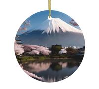 Mont Fuji au début du printemps Décoration de Noël ronde en céramique à suspendre, décoration de vacances personnalisée avec cordon doré