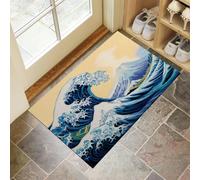 Mont Fuji Vagues Paillasson Interieur Entree 80 x 120 cm, Tapis D'Entrée Style Japonais Vue Sur La Mer Antidérapant Et Lavable en Machine, Bleu Tapis De Sol Absorbantes pour Chien, Porte, Couloir