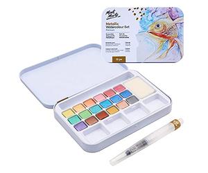 MONT MARTE Aquarelle Metallique - 18 Couleurs - Pinceau à Eau, Eponge et Palette inclus - Set Compact - Idéal pour la Peinture à l'aquarelle