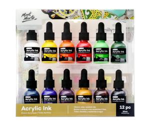 Mont Marte Encre Acrylique supérieure,12x20ml, Couleurs essentielles, Pour les détails fins et les lavis de couleur, idéal pour l'aérographe, l'art de la coulée, le scrapbooking et le dessin à l'encre