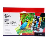 Mont Marte Lot de 25 peintures aquarelles Full Pan Signature avec 24 couleurs Full Pan et pinceaux ronds, contient une boîte de voyage d'études et quatre fontaines mixtes