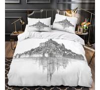 Mont Saint-Michel Parure de Lit Microfibre Hypoallergique Imprimé en 3D Douce Croquis d'architecture historique Housse de Couette Fermeture Éclair Respirante Résistante for Fille Single（135x200cm）