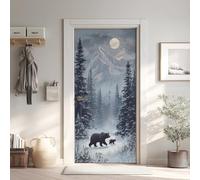 Montagne Enneigée Hiver Sticker Mural, Faune Forest Autocollants De Porte Muraux Décoration Poster Murale, Ours Animaux Stickers de Porte Imperméable Vinyle 80x200 cm